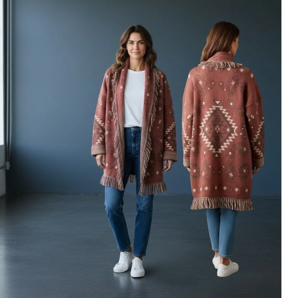 Womens Large Southwestern Fringe Open Front Cardigan Rust 12W2790N - Picture 1 of 16